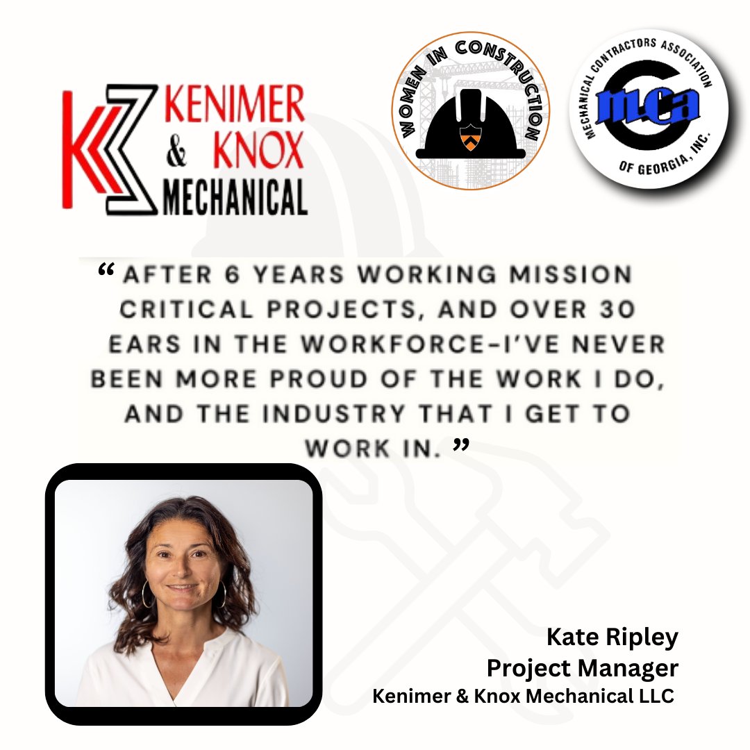 MCAofGeorgia's tweet photo. Celebrating #WICMonth! Meet Kate Ripley, #Project #Manager at #Kenimer&KnoxMechanical. She says, "#Women in#construction are #pioneers and #leaders, laying the #foundation for #future #generations." Thank you, Kate, for your #empowerment and #inspiration! #WomenInConstruction https://t.co/DFPOD7lIe5