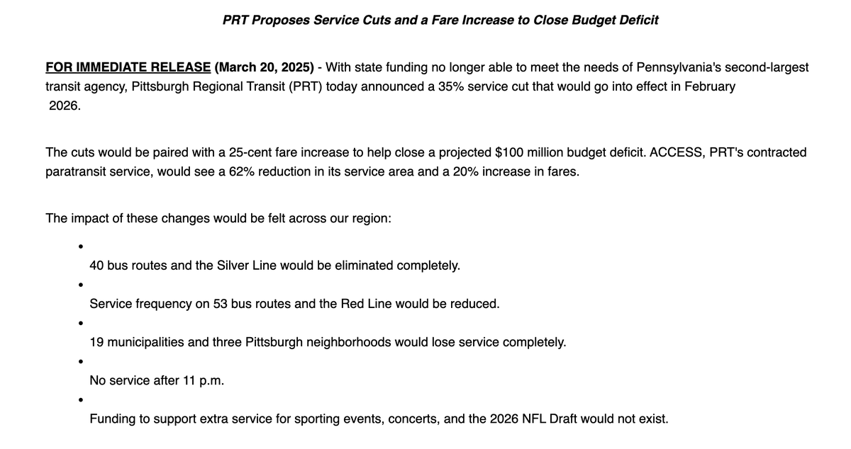 RyanDeto's tweet image. NEW: If state transit funding isn't increased, Pittsburgh Regional Transit says it will be forced to:
▪️Raise fares 25 cents up to $3
▪️Cancel bus network redesign
▪️Cut Silver Line light-rail
▪️Eliminate 40 bus routes
▪️No bus to PIT airport
▪️19 munis lose service altogether