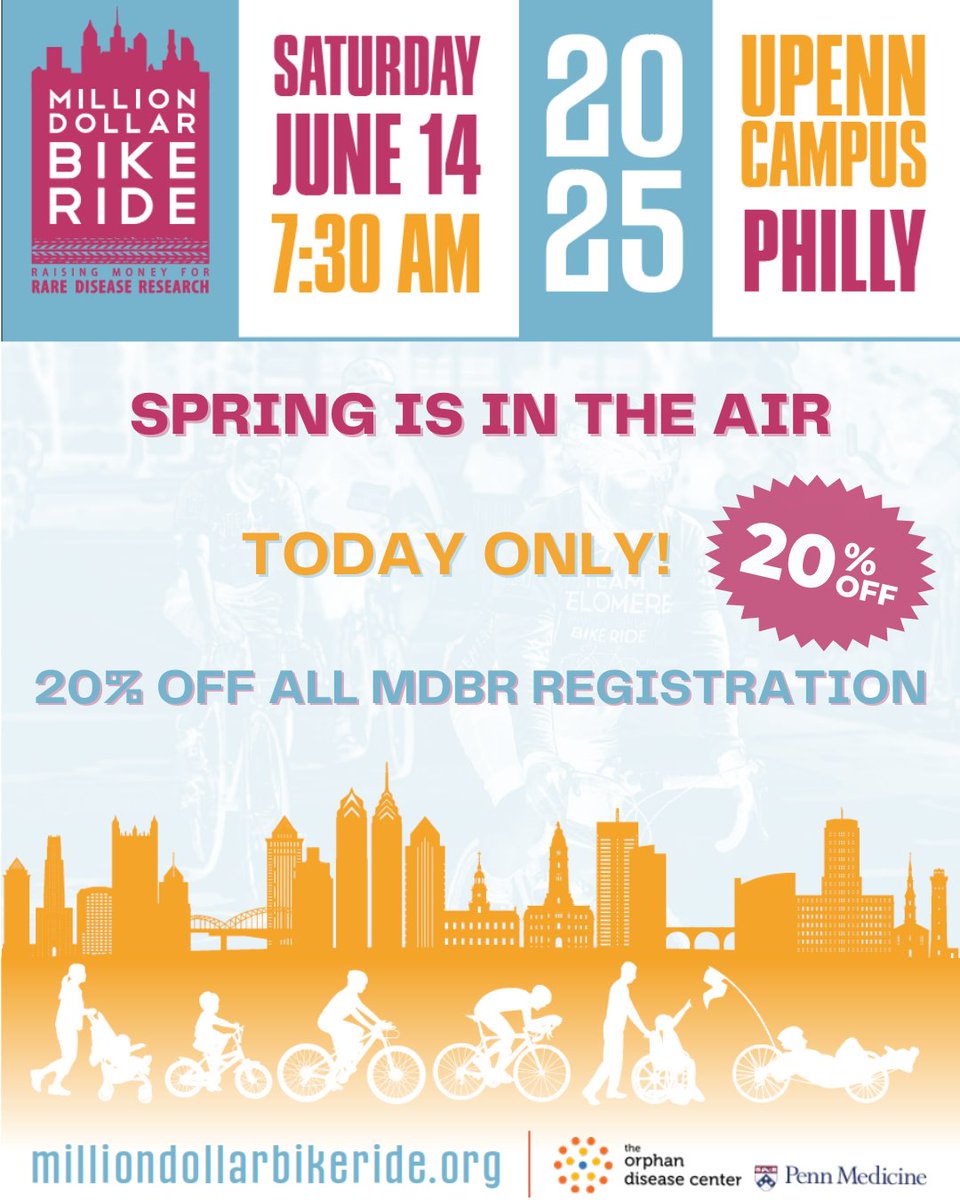 🚨🚨20% OFF MDBR REGISTRATION - TODAY ONLY! 🚨🚨
Join us Saturday, June 14th to ride (or walk) for rare diseases! Register here: bit.ly/MDBR2025 and take advantage of the #FirstDayOfSpring  promo! #PennMedMDBR2025 #Raredisease #ride4rare