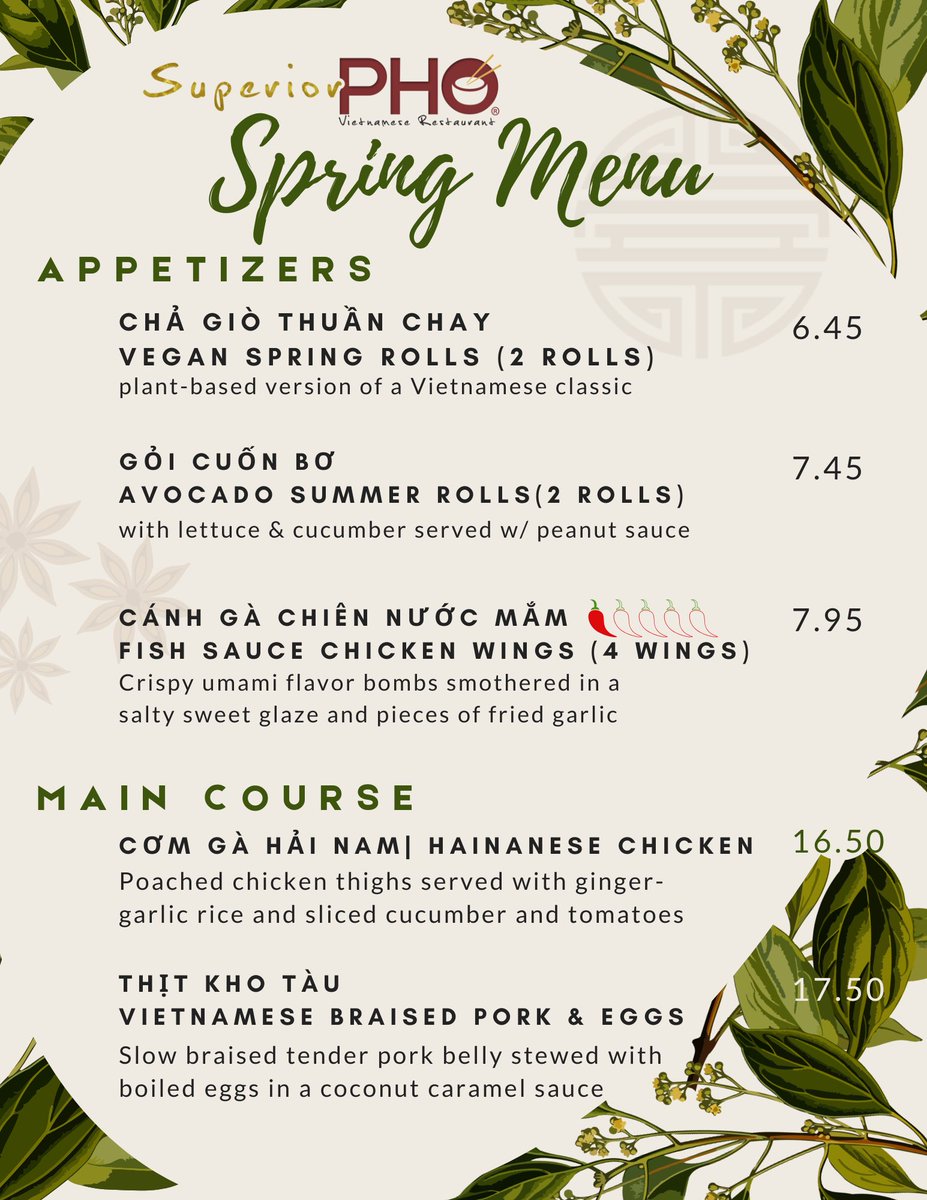 SuperiorPho's tweet photo. Spring flavors have arrived! 🌸🌿
We're bringing fresh, vibrant tastes from Vietnam to Cleveland—comforting dishes, refreshing drinks, & sweet treats you won’t want to miss.
Taste the season while it lasts! 🍽️✨ #VietnameseEats #SpringMenu https://t.co/jyd5qiAfT1