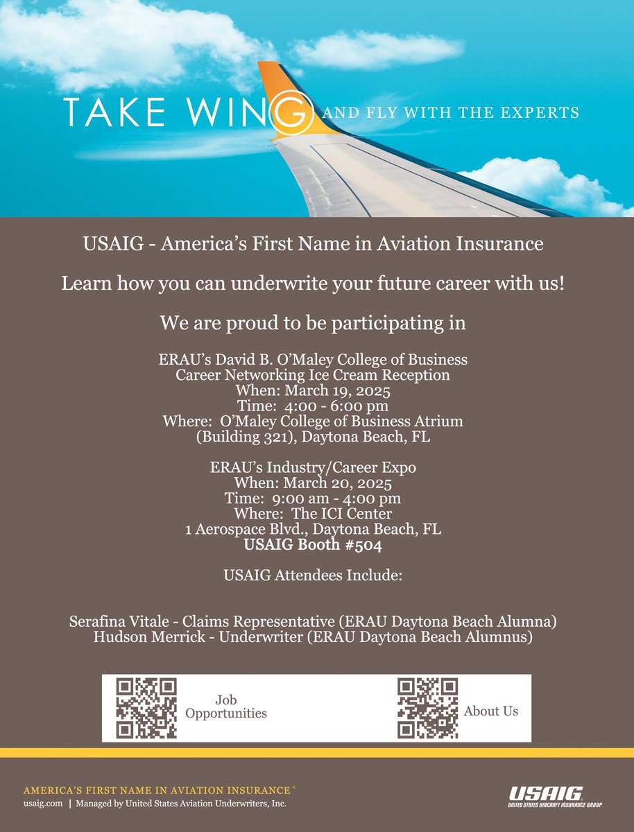 USAIG_CAIG's tweet image. USAIG is looking forward to meeting you today (Thursday, March 20th) at the ERAU Industry Career Expo. Talk with Serafina and Hudson to learn how you can #underwrite your future career with us! See attached flyer for details, career opportunities &amp;amp; to submit your resume.