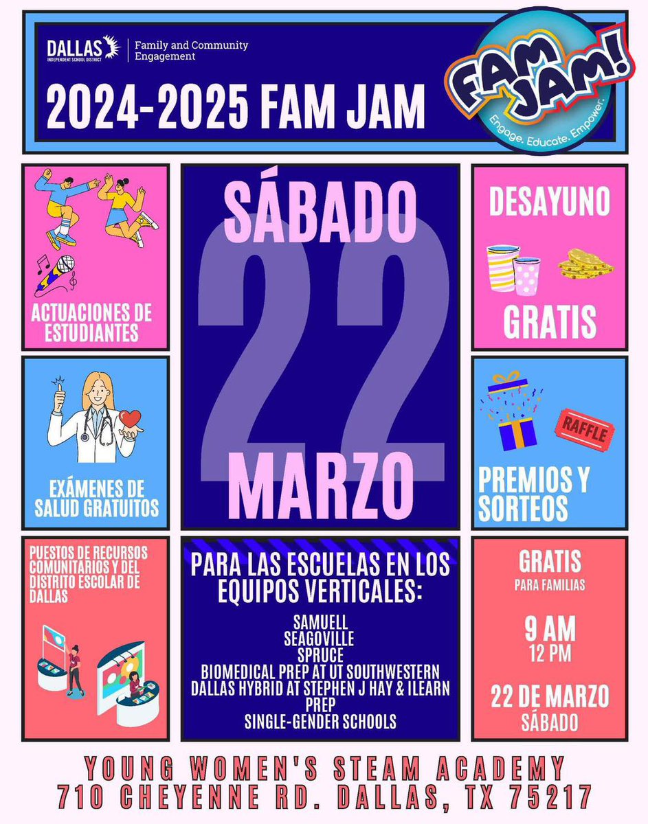 iLearn_DISD's tweet photo. 🎉 Join Us for a Fun-Filled Fam Jam! 🎉
We are excited to invite you and your family to our upcoming Fam Jam! It’s going to be filled with student performances, community resource booths, and prizes &amp; giveaways! Looking forward to seeing you there and having a blast together! https://t.co/skASuBGMdY