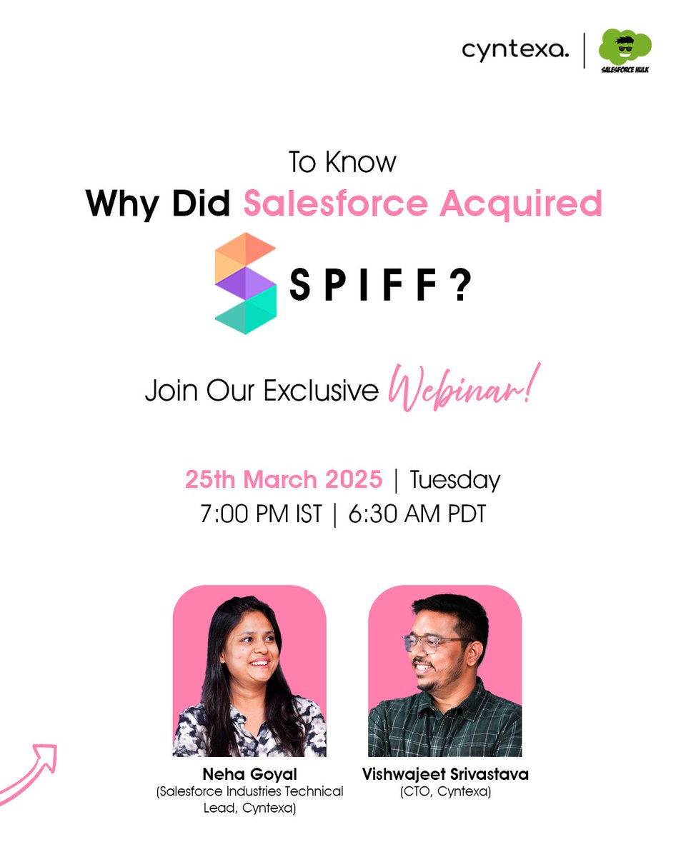 Salesforce just made a big move by acquiring Spiff, but why? 🚀

Register your spot cyntexa.com/webinar/salesf…

#Salesforce #Spiff #SalesCommissions #SalesTech #SalesGrowth #cyntexa