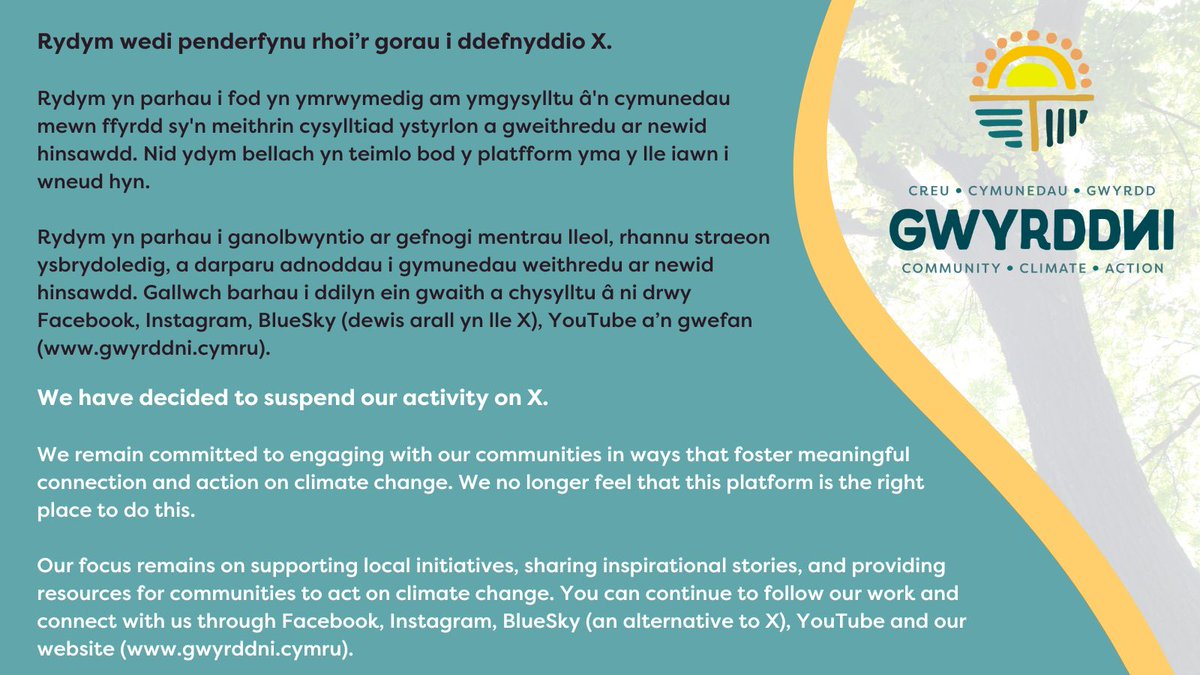 Rydym wedi penderfynu rhoi'r gorau i ddefnyddio X. Mwy isod a linciau i lle fedrwch ddod o hyd i ni yn y sylwadau.

We have decided to suspend our activity on X. More below, and links to where you can find us in the comments.