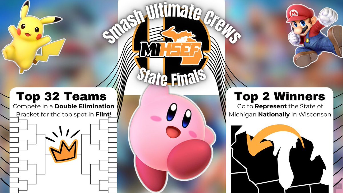 University of Michigan-Flint Recreation Center  
April 26, 2025  
8 a.m. to 6 p.m.  
MiHSEF Spring State Finals 2025  
The leading 32 Smash teams from the regular season will compete, with the top two advancing to Wisconsin to challenge the finest teams from the Midwest.  

Image