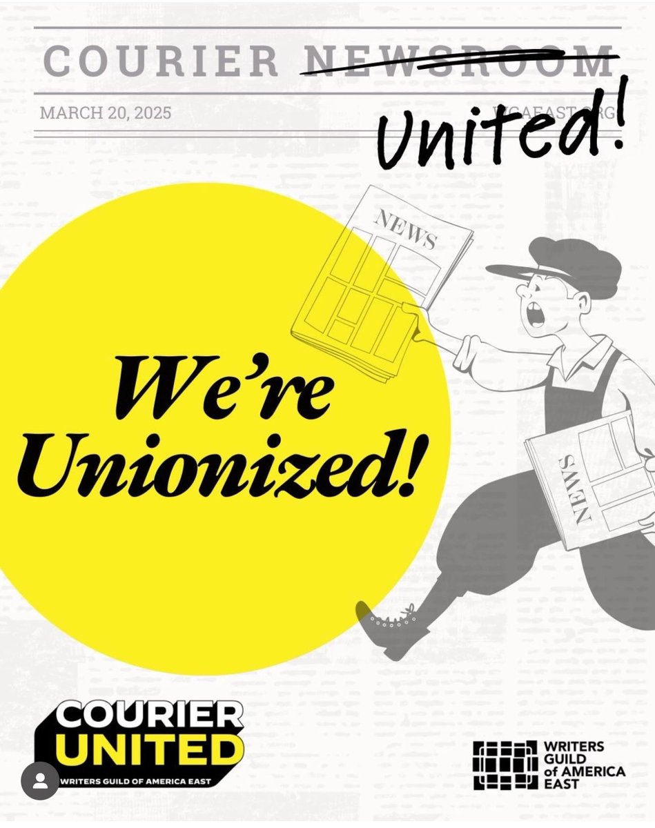 pennslinger's tweet image. BIG NEWS!
WE'RE UNIONIZED 🥳🥳🥳
It's exciting to announce that we at The Keystone and COURIER Newsroom are unionizing.
I love working with everyone at COURIER and I'm excited to be part of the Writers Guild of America East.