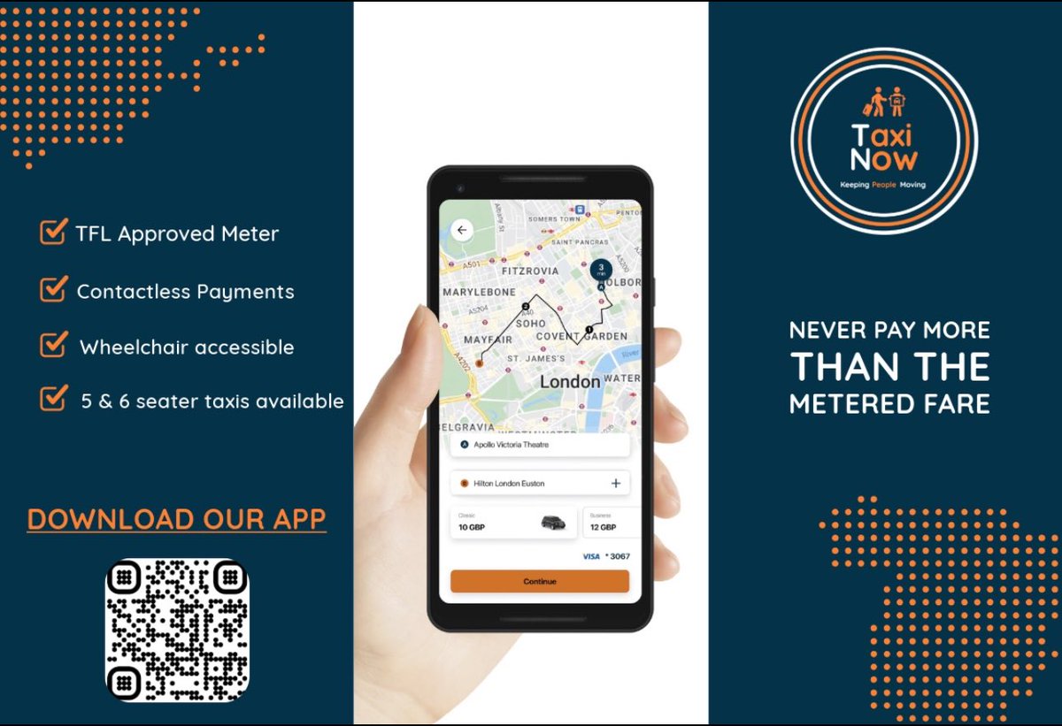 Visiting London this week, download the London Black Taxi App

✅ TFL approved Meter

✅ Contactless Payments

✅ Wheelchair Accessible

✅ 5 &amp; 6 seater taxis available

❌ Never pay more than the metered fare

✅ Driver will receive the full fare 

Download Taxi-Now today