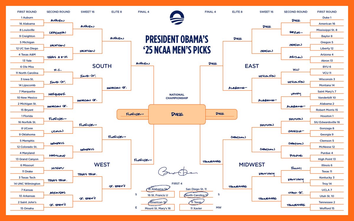 BarackObama's tweet image. I’m cutting it close, but here are my #MarchMadness picks. Who do you have winning it all?
This year, three of our @MBK_Alliance students will be going down to the Final Four to learn from the people who make it all run. We can’t wait to hear more about their experience.