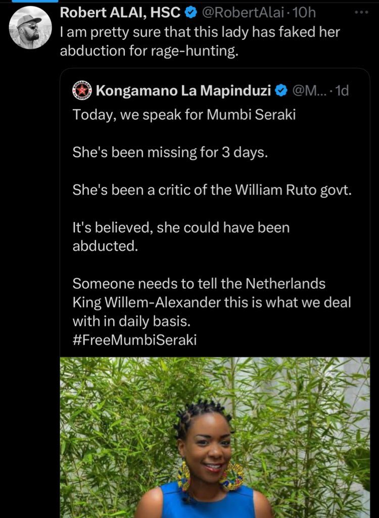 Francis Gaitho (@fgaitho237) on Twitter photo Name: Robert Alai
Position: MCA at <a href="/TheODMparty/">The ODM Party</a>
Offense: Defending State-Sponsored Abductions & Sexual Violence
Number: 0726 034530
Action: Inject 💉💉
#FreeMumbiSeraki Name: Robert Alai
Position: MCA at <a href="/TheODMparty/">The ODM Party</a>
Offense: Defending State-Sponsored Abductions & Sexual Violence
Number: 0726 034530
Action: Inject 💉💉
#FreeMumbiSeraki