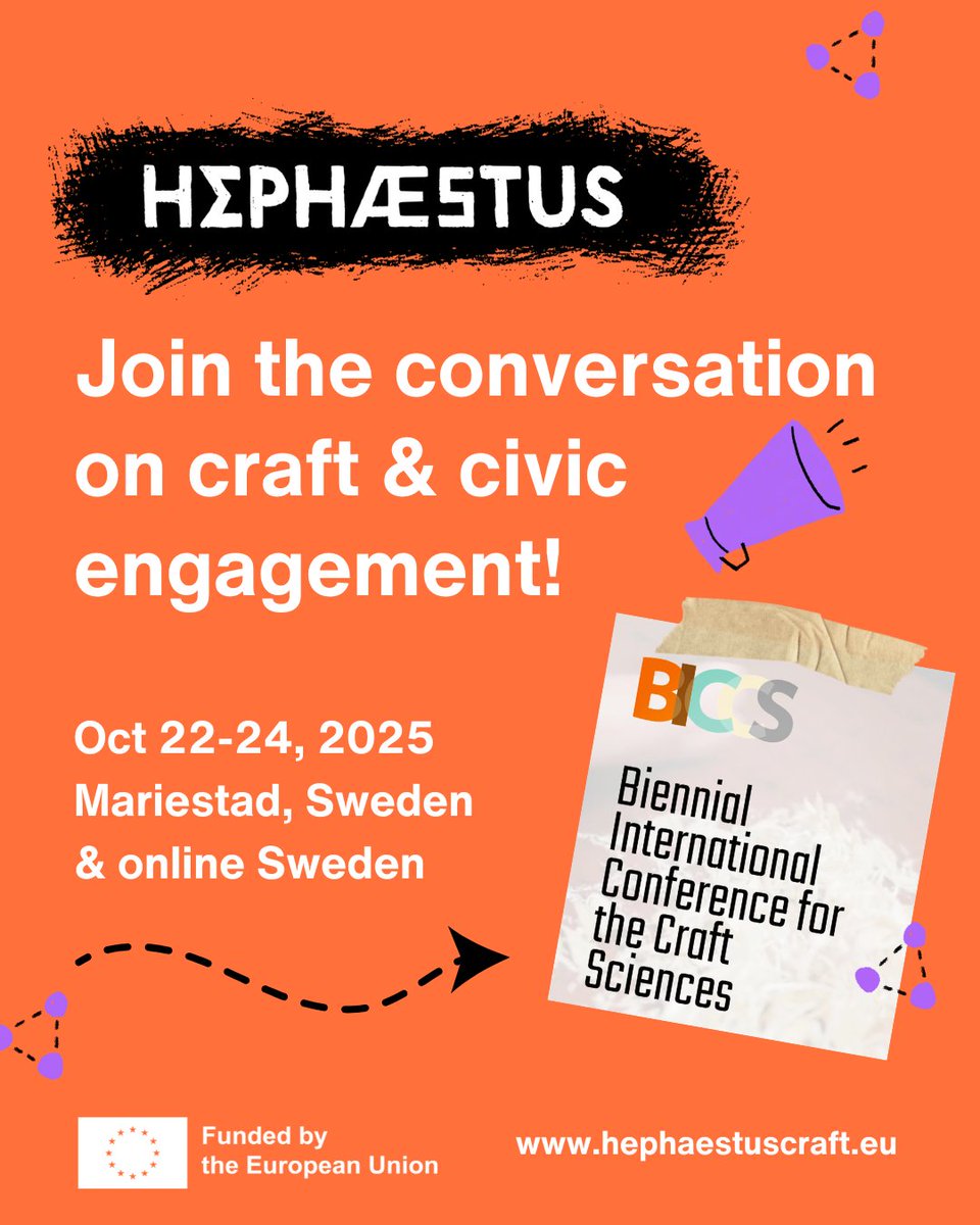HephaestusEU's tweet photo. Join #BICCS (Oct 22-24, 2025, Mariestad, Sweden &amp; online) to explore craft’s civic impact—from co-crafting to policy. Call for contributions! Submit by April 4, 2025. 📷 https://t.co/vdF9R37xoj https://t.co/uKbQ9MOybq