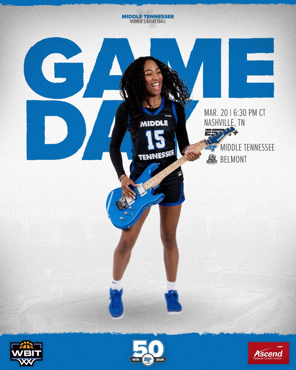 Music City Gameday! 🎸

🆚 Belmont
📍 Nashville, Tenn.
🏟️ Curb Event Center
⏰ 6:30 p.m. CT
📺 GoBlueRaiders.co/WBB-Watch | EPSN+
📻 GoBlueRaiders.co/WBB-Radio | WGNS
📊 GoBlueRaiders.co/WBB-Stats
🎟️ GoBlueRaiders.co/WBIT-Tickets

#TrueBlue | #Team50