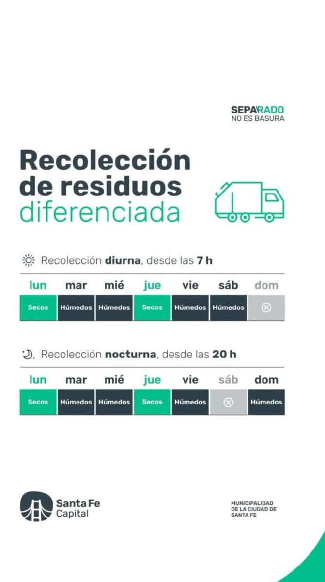 _SantaFeCapital's tweet photo. 🗑 #CiudadLimpia | Hoy Domingo sacamos resifuos húmedos, y mañana Lunes sacamos residuos secos.
¡Separado no es basura! toda la info de cómo separar tus #Residuos, días y horarios de
recolección en 👉https://t.co/4zRHfsyuw5 https://t.co/2KHTIfTk40