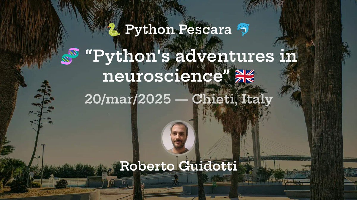 pauloxnet's tweet image. 🧬 Python's adventures in neuroscience 🇬🇧
Stasera, alle 18:00, Roberto Guidotti @robbisg ci guidera' nei nuovi usi di Python nel campo delle Neuroscienze e non solo
📍 Università degli Studi "Gabriele d'Annunzio", Dipartimento di Neuroscienze @MamboUnich @univUda
#PythonPescara