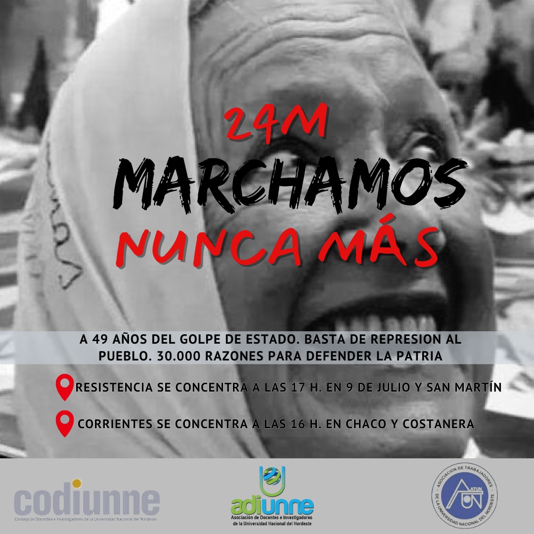 #24M #Marchamos
Concentración en Corrientes en calle Chaco y Costanera a las 16 h.
Concentración en Resistencia en 9 de julio y San Martín a las 17 h.