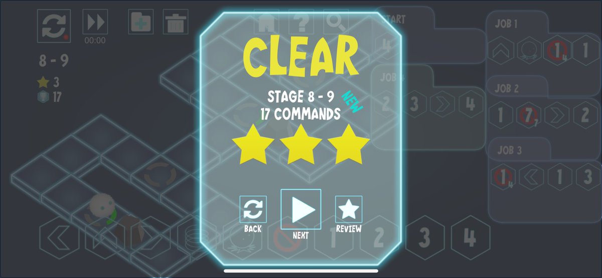 chika_kishida's tweet image. #DigitalPuppet (デジタルパペット) 8-9
ふと思いついた挙動を試してみる。整理したら1減らせるなぁ…なんて思いながら走らせたら★3。後でキチンと1減らしてのクリアもしておきました。

こういう事があるからプログラム系のアプリは面白い。