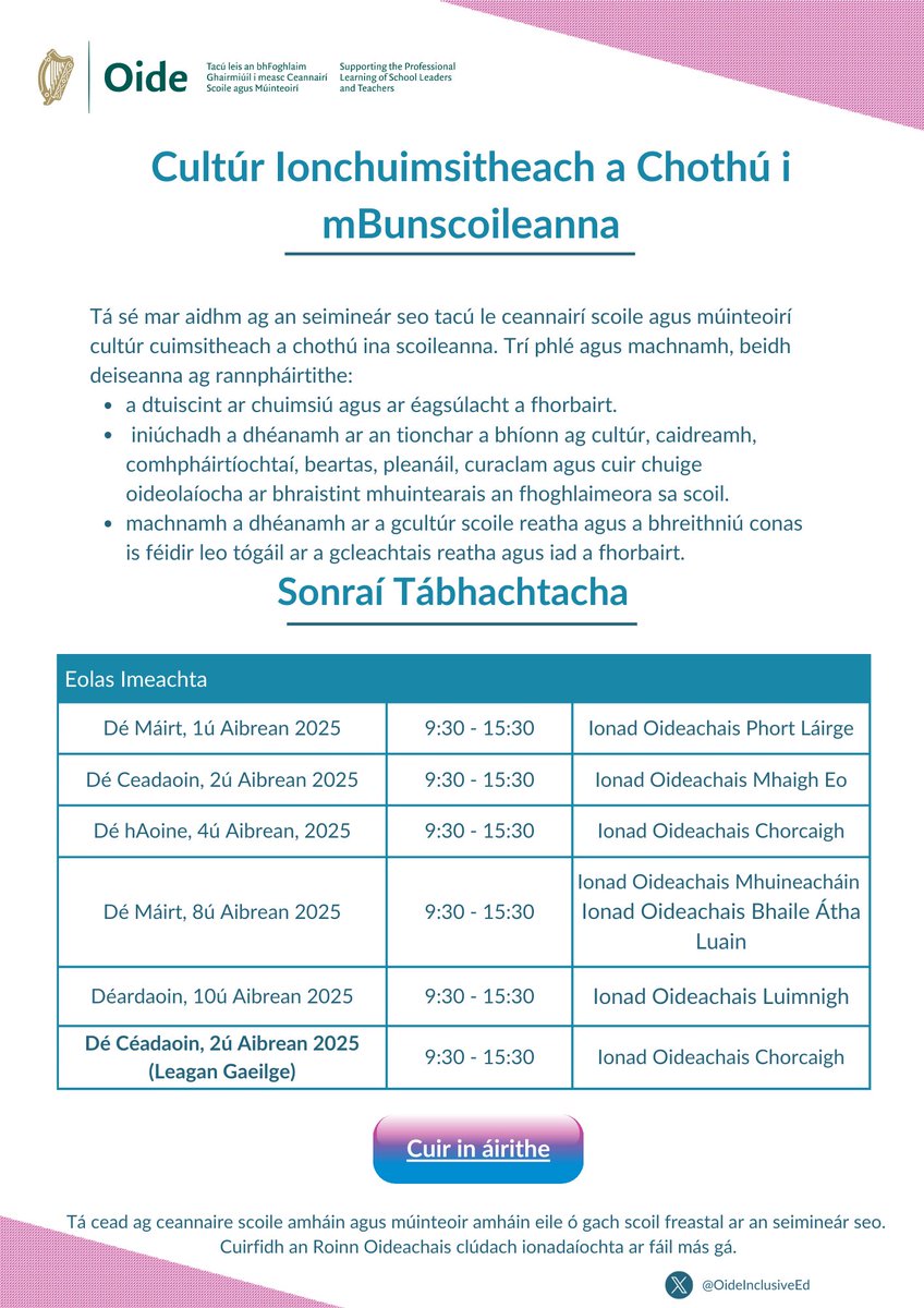 Oide Primary Inclusive Education (@oideinclusiveed) on Twitter photo Tá spásanna fós ar fáil don tseimineár "Cultúr Ionchuimsitheach a Chothú i mBunscoileanna" ar an 2ú Aibreán in Ionad Oideachais Chorcaí. Tuilleadh eolais le fáil thíos. <a href="/OidePrimGaeilge/">Oide Bunscoileanna</a> Tá spásanna fós ar fáil don tseimineár "Cultúr Ionchuimsitheach a Chothú i mBunscoileanna" ar an 2ú Aibreán in Ionad Oideachais Chorcaí. Tuilleadh eolais le fáil thíos. <a href="/OidePrimGaeilge/">Oide Bunscoileanna</a>