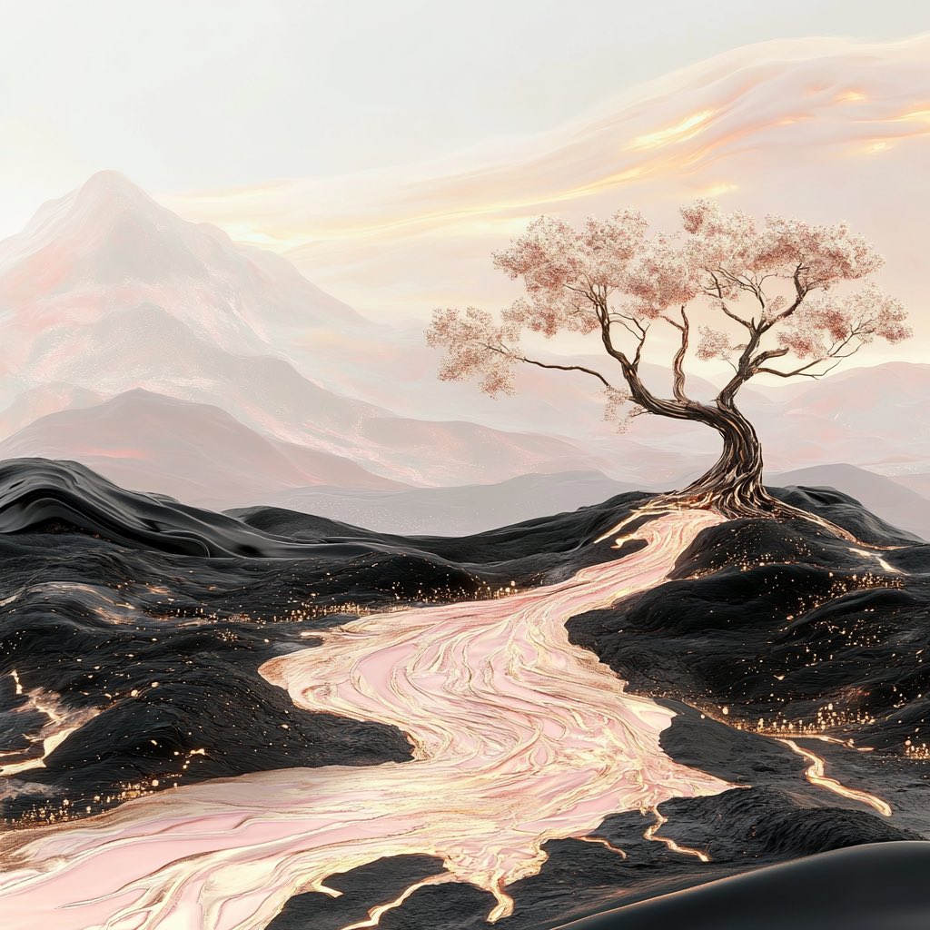joyvelaio's tweet photo. 🌋✨ Witnessing nature’s fiery dance in this surreal volcanic landscape! The glowing lava river winding through the scorched earth, with a lone cherry blossom tree standing resilient—it’s a reminder of beauty in the harshest places. 🌸🔥 Where do you find strength in the chaos? #VolcanicVibes #LavaFlow #NatureResilience #FieryBeauty #SurrealScapes