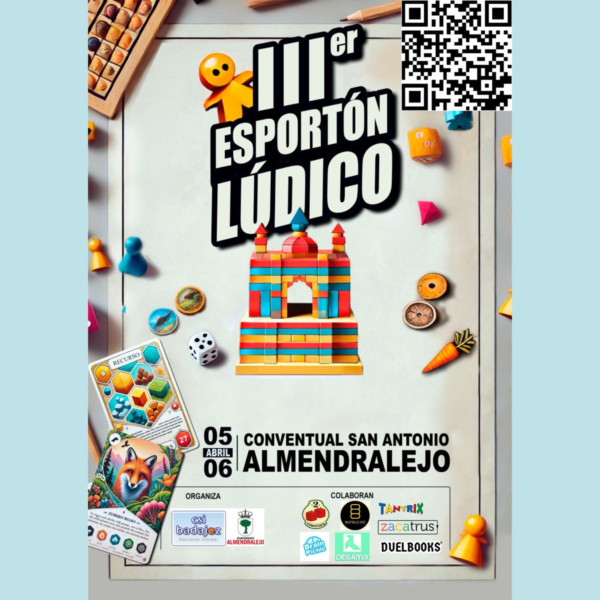 ¡III Jornadas Esportón Lúdico! En organización con el <a href="/AlcaldiaAlm/">Ayuntamiento Almendralejo</a> y colaborando <a href="/origamixshop/">Origamix</a> quedáis invitados.

🗓 5 y 6 de abril de 2025
📍 Conventual San Antonio, Almendralejo.
Presentaremos juegos de <a href="/2TomatoesGms/">2Tomatoes Games</a> <a href="/BrainPicnicNews/">Brain Picnic</a> <a href="/Bumble3ee_Int/">Bumble3ee Interactive</a> Tantrix <a href="/zacatrus/">Zacatrus</a>
<a href="/DuelBooks/">Duelbooks</a>