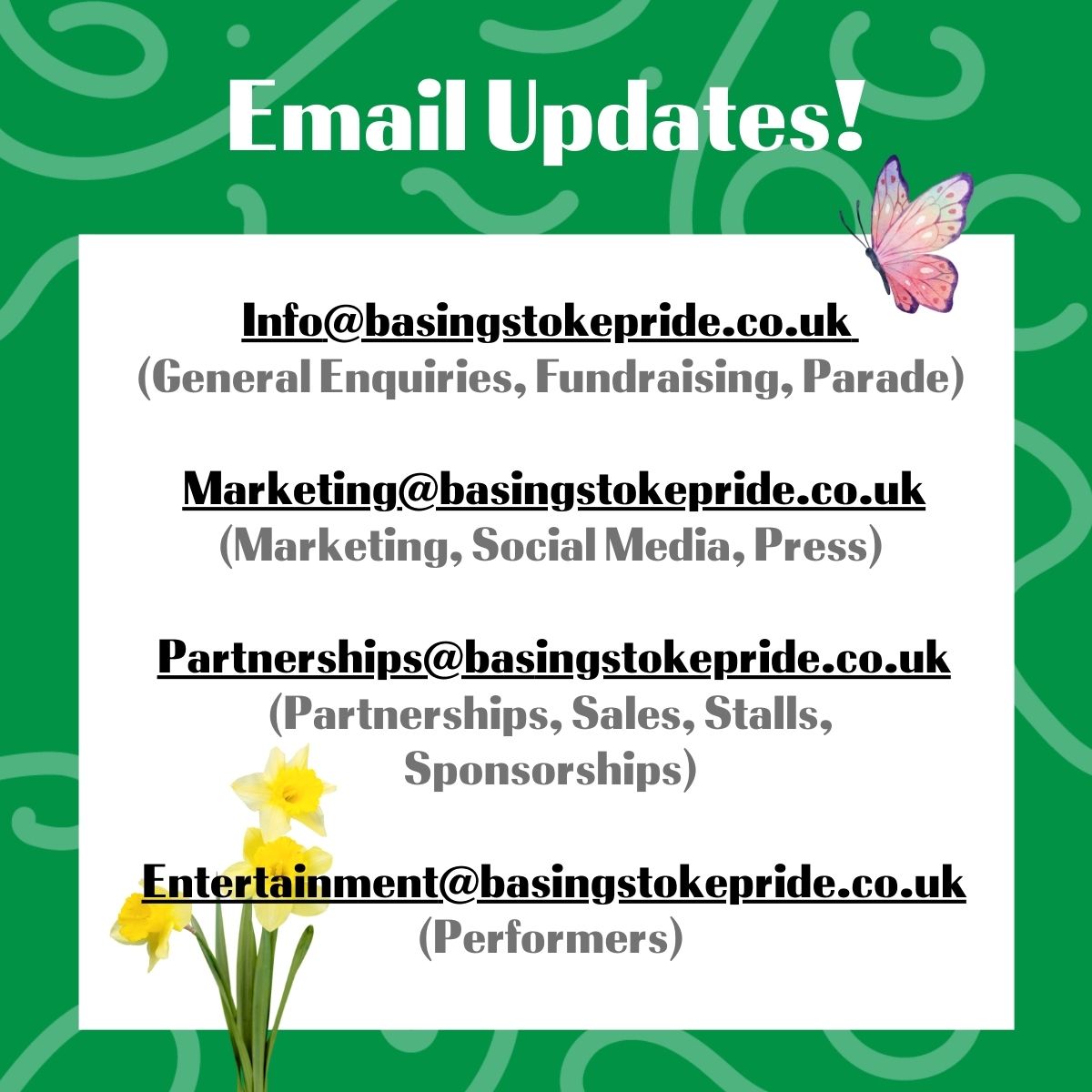 It's officially Spring!🌼

As part of our spring clean, we've moved across to new email addresses -

If you haven't heard back from us (including via social media), please reach out to the relevant email and we will get back to you shortly!

🌈

 #SpringClean #BasingstokePride