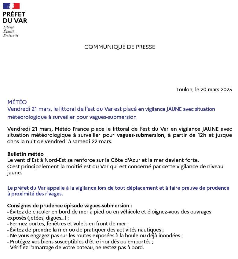 Préfet du Var (@prefet83) on Twitter photo #METEO83 | 🟡Vendredi 21 mars à partir de 12h le #Var est placé par <a href="/VigiMeteoFrance/">VigiMétéoFrance</a> en vigilance JAUNE avec situation météorologique à surveiller pour vagues-submersion.
📌Bulletin météo et consignes de prudence⤵️ #METEO83 | 🟡Vendredi 21 mars à partir de 12h le #Var est placé par <a href="/VigiMeteoFrance/">VigiMétéoFrance</a> en vigilance JAUNE avec situation météorologique à surveiller pour vagues-submersion.
📌Bulletin météo et consignes de prudence⤵️