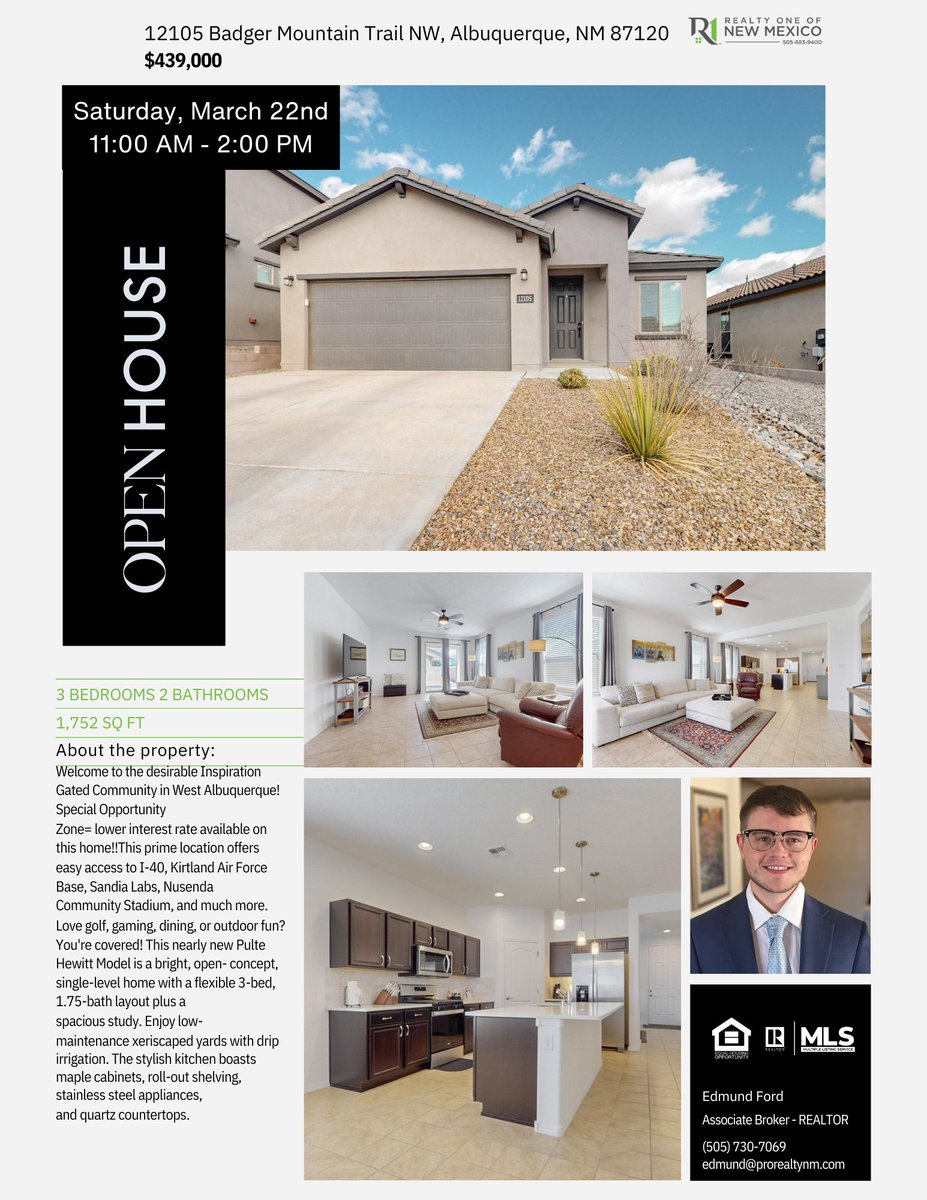 We will be having an Open House for this 3-bed, 2-bath home in Albuquerque’s Inspiration Community. Saturday, March 22, 2025, 11 AM - 2 PM MDT. $439,000, 1,752 sqft. Gated, near I-40 &amp; Kirtland AFB. Special Opportunity Zone = lower interest rates! #ABQOpenHouse #NMRealEstate