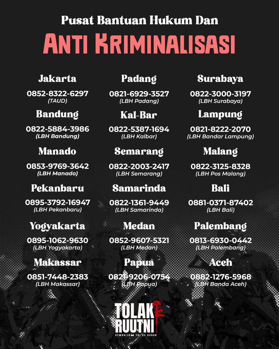 Rekan-rekan yang baik yang mengikuti aksi #TolakRUUTNI hari ini. Jika ada yang hilang, terluka, tak ada kabar, ditahan atau butuh bantuan hukum, bisa menghubungi kontak ini ya.

Kita semua marah dan muak dengan kebijakan pemerintah. Tapi harap jaga diri dan jaga kawan. Nyawa kita