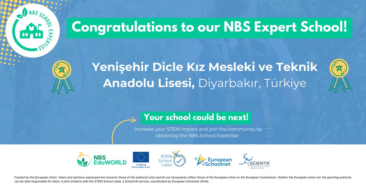 STEM School Label (@stem_label) on Twitter photo ⭐Congratulations to Yenişehir Dicle Kız Mesleki ve Teknik Anadolu Lisesi from Diyarbakır, Türkiye⭐for earning the NBS School Expertise Certificate!
This recognition highlights your dedication to integrating NBS into education.
More info: stemschoollabel.eu/news/detail?ar… ⭐Congratulations to Yenişehir Dicle Kız Mesleki ve Teknik Anadolu Lisesi from Diyarbakır, Türkiye⭐for earning the NBS School Expertise Certificate!
This recognition highlights your dedication to integrating NBS into education.
More info: stemschoollabel.eu/news/detail?ar…