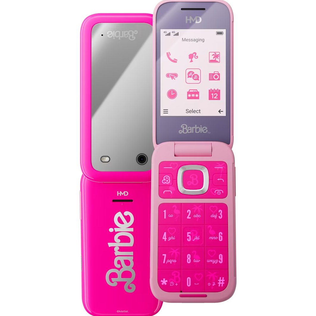 Halkatech's tweet image. HMD Barbie Phone launched in India for ₹7,999. 

It features a 2.8" internal &amp;amp; 1.77" external screen
Unisoc T107 SoC
64MB RAM/128MB storage
1450mAh battery
USB-C
VGA camera
3.5mm jack
SD card support up to 32GB.

#HMD #BarbiePhone #FeaturePhone