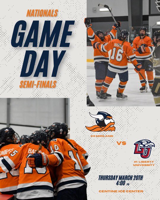🚨GAME DAY 🚨

Your Midland University Warriors take on the Liberty University Flames in the Semifinals at the National Tournament🤘🏻

⏰ 4:00 PM CST
🆚 Liberty Flames
📍Centene Ice Center
🎥 Flohockey.tv (charges apply)

#newheights #nationals #warriors