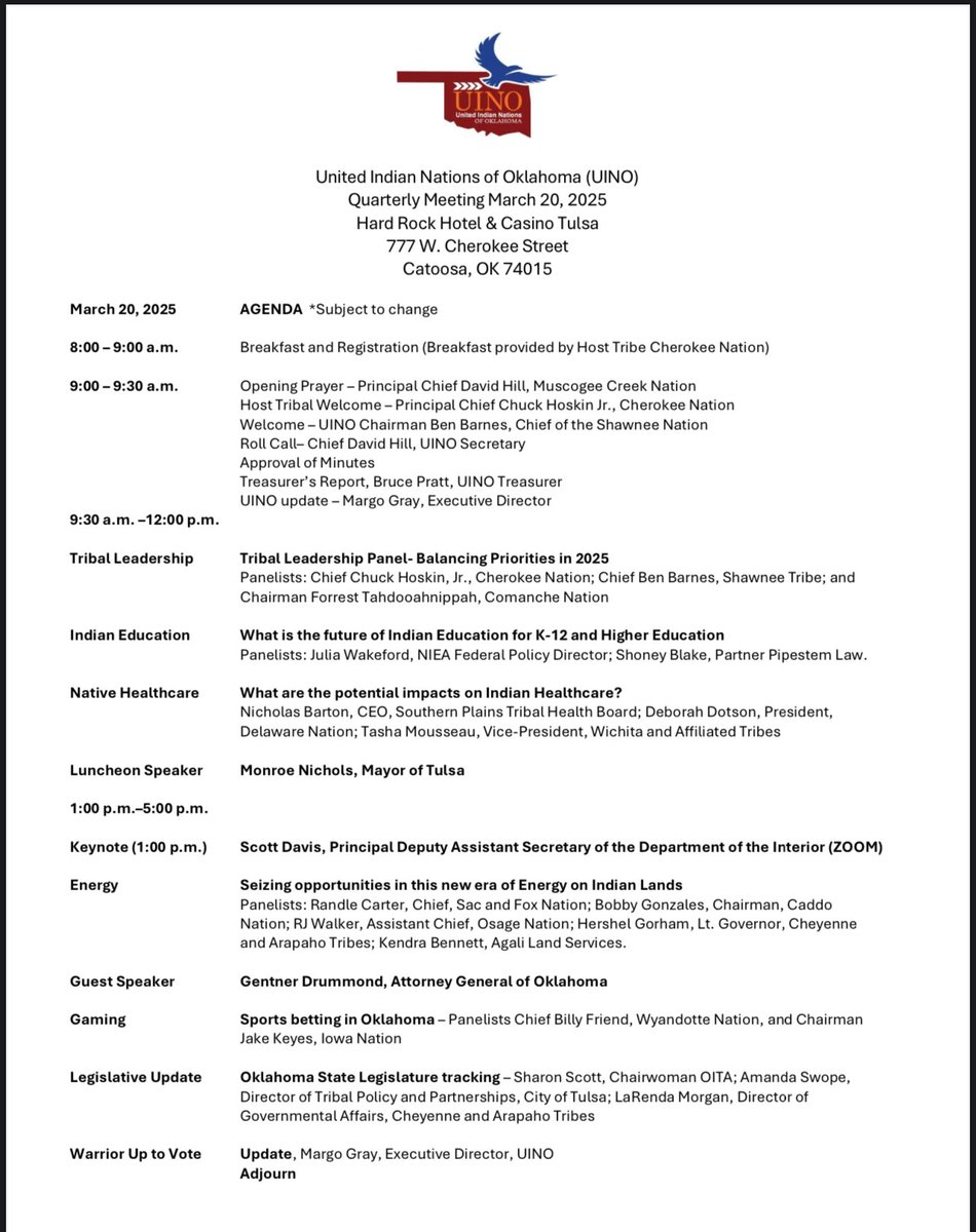 Our first 2025 quarterly meeting of the United Indian Nations of Oklahoma has kicked off at <a href="/TulsaHardRock/">Hard Rock Tulsa</a>! Our host tribe, <a href="/CherokeeNation/">Cherokee Nation</a> Principal Chief <a href="/ChuckHoskin_Jr/">Chief Chuck Hoskin, Jr.</a> is kicking us off with a welcome ahead of today’s meeting.