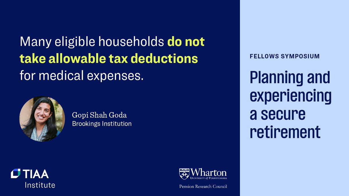 TIAA Institute (@tiaainstitute) on Twitter photo Households may take a tax deduction for eligible medical expenses, but many eligible households don’t do so. <a href="/BrookingsInst/">The Brookings Institution</a>’s Gopi Shah Goda, presenting at today’s Fellows Symposium, explained why.
tiaa.org/public/institu…
#TIAAInstPRC #TIAAInstFellows #BehavioralFinance Households may take a tax deduction for eligible medical expenses, but many eligible households don’t do so. <a href="/BrookingsInst/">The Brookings Institution</a>’s Gopi Shah Goda, presenting at today’s Fellows Symposium, explained why.
tiaa.org/public/institu…
#TIAAInstPRC #TIAAInstFellows #BehavioralFinance