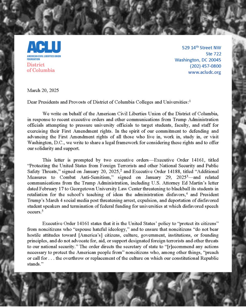 This morning, we sent guidance to D.C. universities urging them to reject the Trump administration's egregious overreach and defend the rights of their students and faculty. 

Read our letter here: bit.ly/4hszutZ