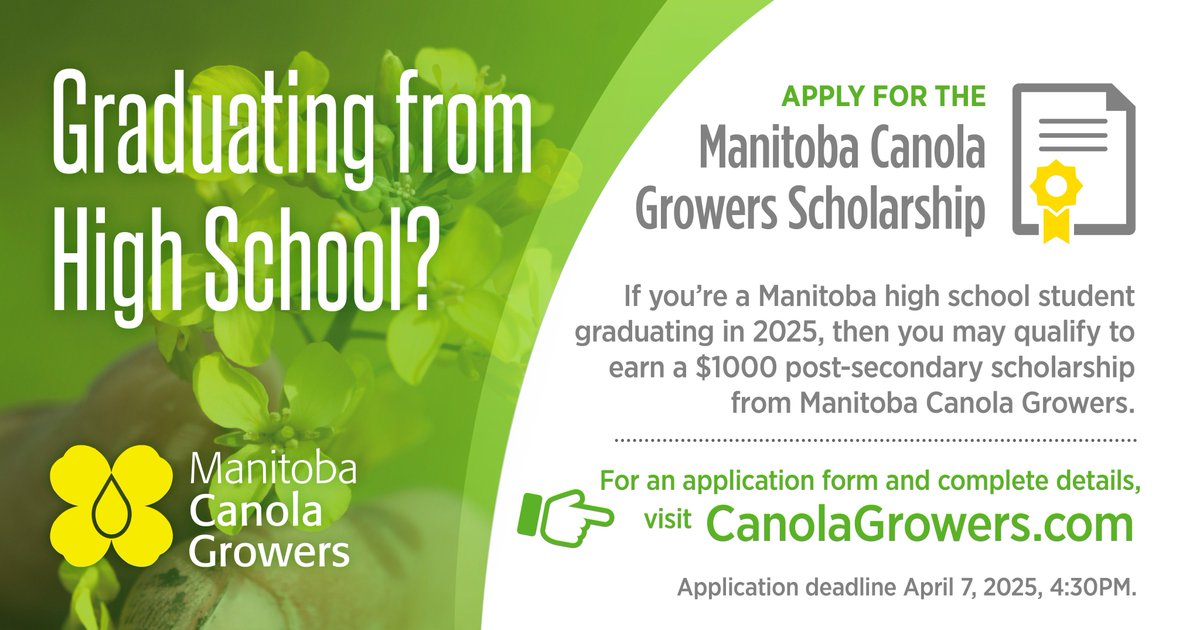 SPREAD THE WORD! Manitoba Canola Growers Scholarship Program is available to Manitoba high school students who are enrolled in their final year of high school and eligible to graduate in 2025.
🎓Apply by April 7 
Download application or learn more on our website