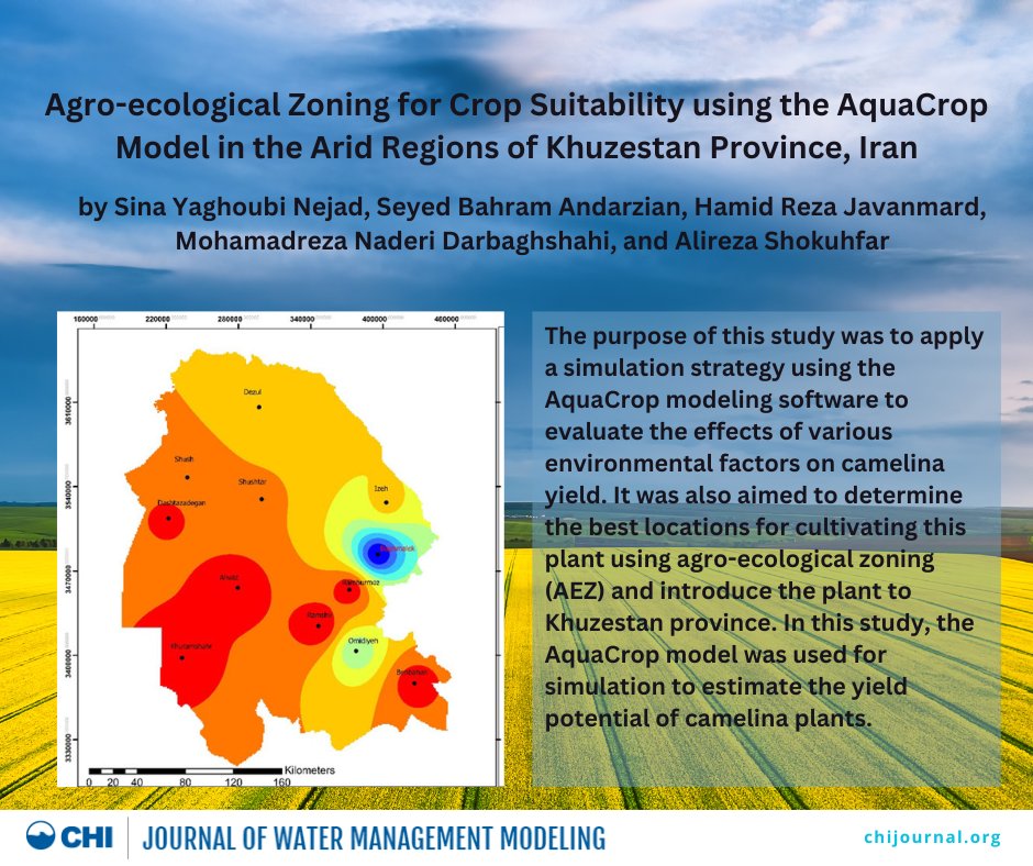 Visit chijournal.org to read this JWMM publication "Agro-ecological Zoning for Crop Suitability using the AquaCrop Model in the Arid Regions of Khuzestan Province, Iran" by S.Y. Nejad, S.B. Andarzian, H.R. Javanmard, M.N. Darbaghshahi, and A. Shokuhfar.