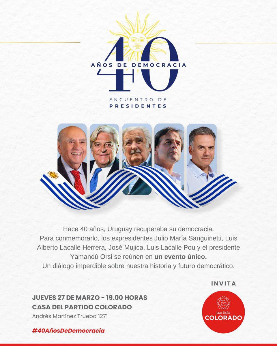 *El próximo 27 de marzo tenemos una cita de honor con la Democracia y sus 40 años.*
Los esperamos a todos.

#40AñosDeDemocracia