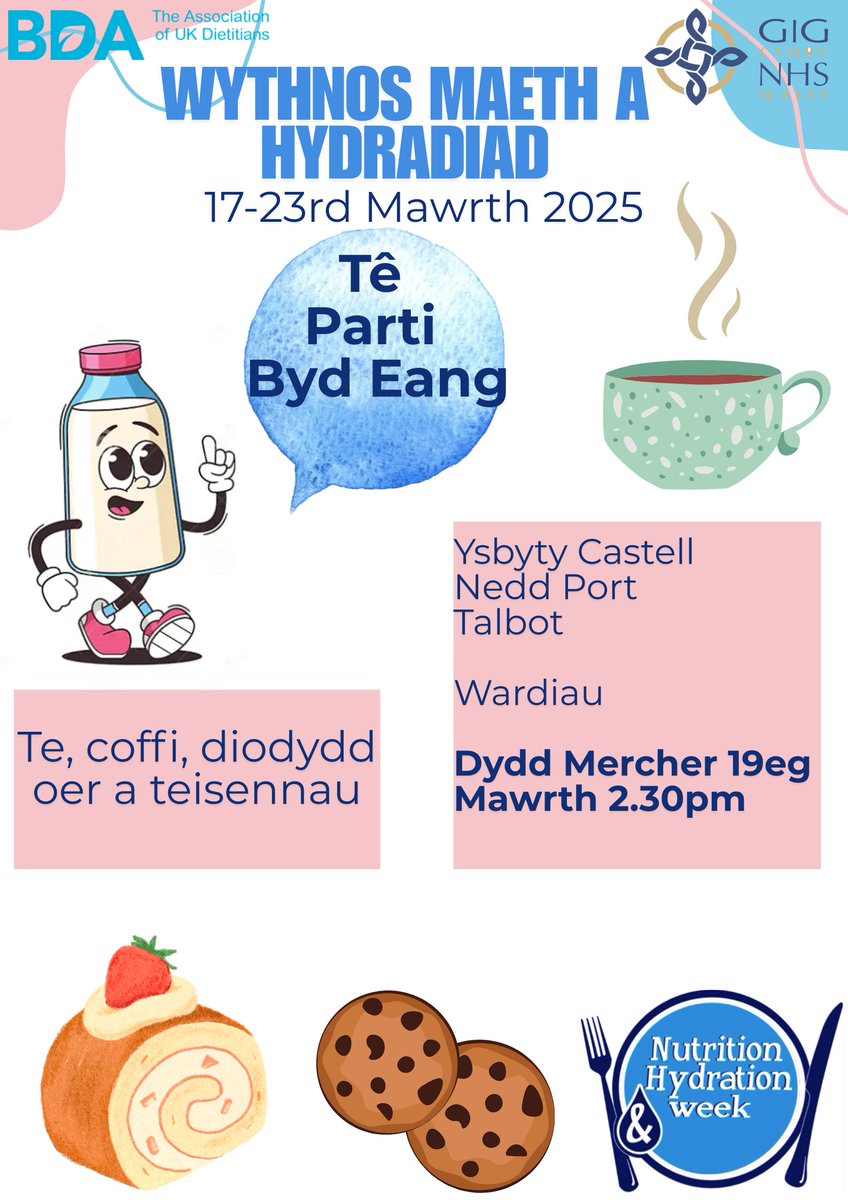 Ein tîm Dieteteg yn cefnogi staff ar ward ddydd Mercher ar gyfer Parti Tê Byd-eang a oedd yn uchafbwynt #WythnosMH yn Ysbyty Castell-nedd Port Talbot. Cynigiodd staff arlwyo dê a chacen 'têprynhawn' i bob claf i gefnogi eu cymeriant maethol. Roedd yn flasus iawn!#NHW2025 <a href="/NHWeek/">N&H Week</a>