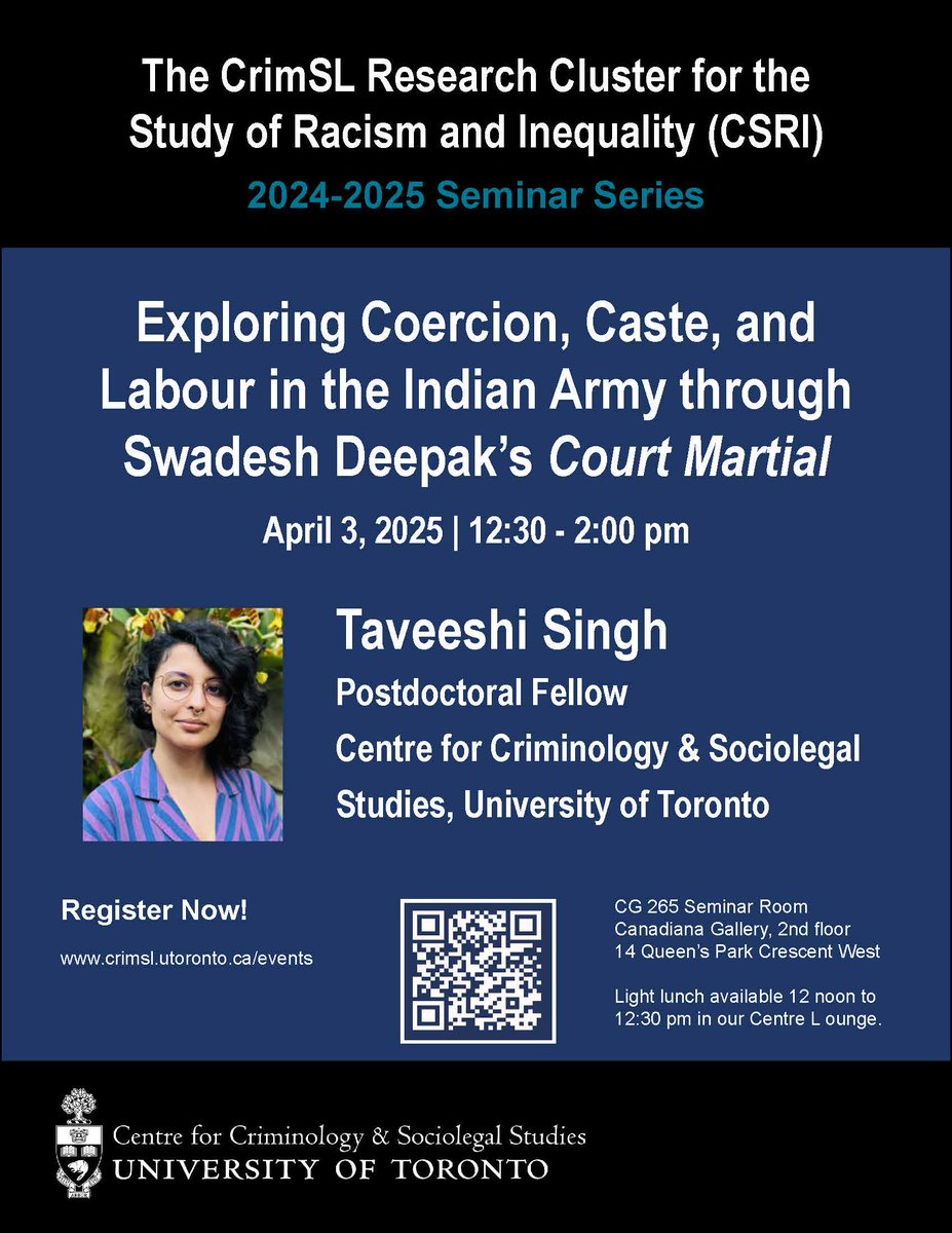 Join us on Apr. 3 12:30pm-2pm for "Exploring #Coercion, #Caste, and Labour in the Indian Army through Swadesh Deepak's 'Court Martial'" presented by Dr. Taveeshi Singh.     

Brought to you by 2024-2025 CSRI Seminar Series.     

Details &amp; registration → uoft.me/b9-