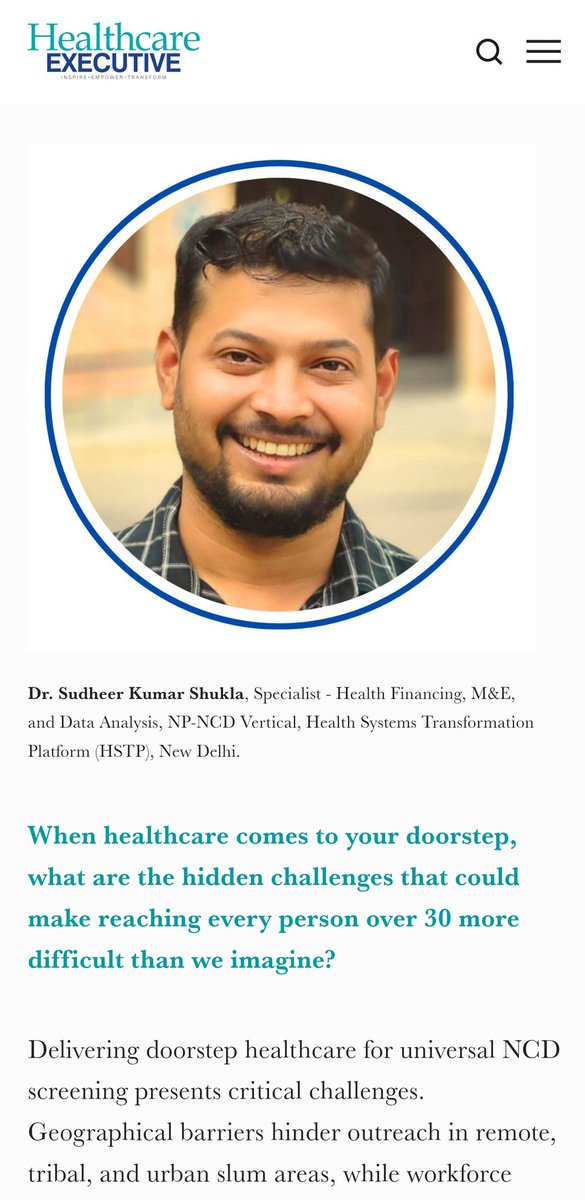 SudheerPhDJNU's tweet photo. Non-communicable diseases (#NCDs) are now India’s silent epidemic, affecting millions and putting immense pressure on our healthcare system. 

In a recent interview with Arunima Rajan-Nikhil (@journoarunima), Head of Editorial Content, Healthcare Executive (@HEmagazineIndia) Magazine, I discussed how the National Programme for Prevention and Control of NCDs (NP-NCD) and Ayushman Arogya Mandirs (#AAMs, formerly HWCs) are playing a critical role in addressing this crisis.

The nationwide screening drive under NP-NCD is a game-changer, identifying at-risk individuals and enabling early diagnosis of hypertension, diabetes, and common cancers. As of March 2025, over 630 million beneficiaries have been screened, with more than 60 million patients receiving care for hypertension and diabetes. Yet, challenges remain in follow-up care, lifestyle modification, and treatment adherence.

With AAMs at the forefront, India is moving toward a preventive and person-centred approach, ensuring that screening translates into sustained care and better health outcomes. The integration of digital health tools, capacity building for frontline workers, and improved patient tracking mechanisms will be key to strengthening this effort.

Full interview (India’s Silent Epidemic: Can a Nationwide Screening Drive Tackle the Rising NCD Crisis?) is here: 

https://t.co/s9yVon2FnK

- Dr. Sudheer Kumar Shukla 

#NPNCD #Healthcare #NCDs #PreventiveCare #AyushmanArogyaMandirs #PublicHealth #IndiaHealth #SDG3 #NPNCD #HSTP #TataTrusts #StopObesity #CBAC #Alcohol #Tobacco #MoHFW #NP_NCD #PreventiveCare #UniversalHealthCoverage #IndiaHealth #PHCs #SHCs #CHCs #HWCs #DistrictHospitals #MedicalColleges #AIIMS
@HSTPIndia | @tatatrusts | @MoHFW_INDIA