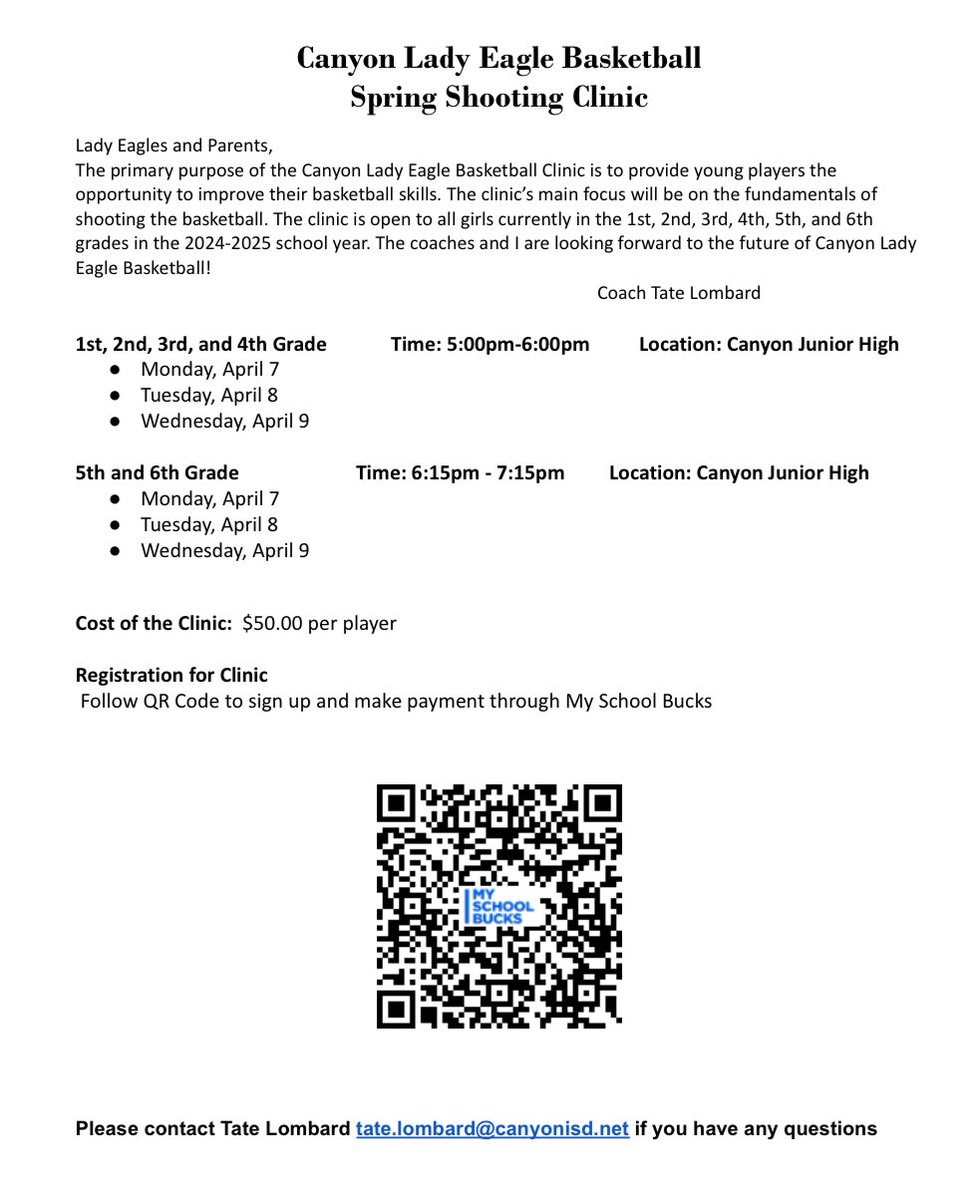 Spring Shooting Clinic!
April 7-9
Open to all 1st-6th graders!