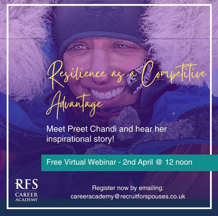 ArmyandYou's tweet image. Recruit for Spouses is hosting a FREE virtual webinar on 2 April with Army veteran and explorer Preet Chandi MBE.
She'll talk to you about how resilience and perseverance can shape your career journey.
Register here:  careeracademy@recruitforspouses.co.uk

#webinar #informative