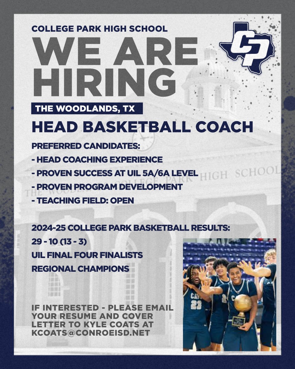 Kyle Coats (@coach_coats) on Twitter photo College Park High School in The Woodlands, TX is currently looking for our next Head Basketball Coach.
Interested Candidates please send your resume and cover letter to kcoats@conroeisd.net
<a href="/Matt_Stepp817/">Matt Stepp</a> <a href="/vypehouston/">VYPE Houston</a> College Park High School in The Woodlands, TX is currently looking for our next Head Basketball Coach.
Interested Candidates please send your resume and cover letter to kcoats@conroeisd.net
<a href="/Matt_Stepp817/">Matt Stepp</a> <a href="/vypehouston/">VYPE Houston</a>