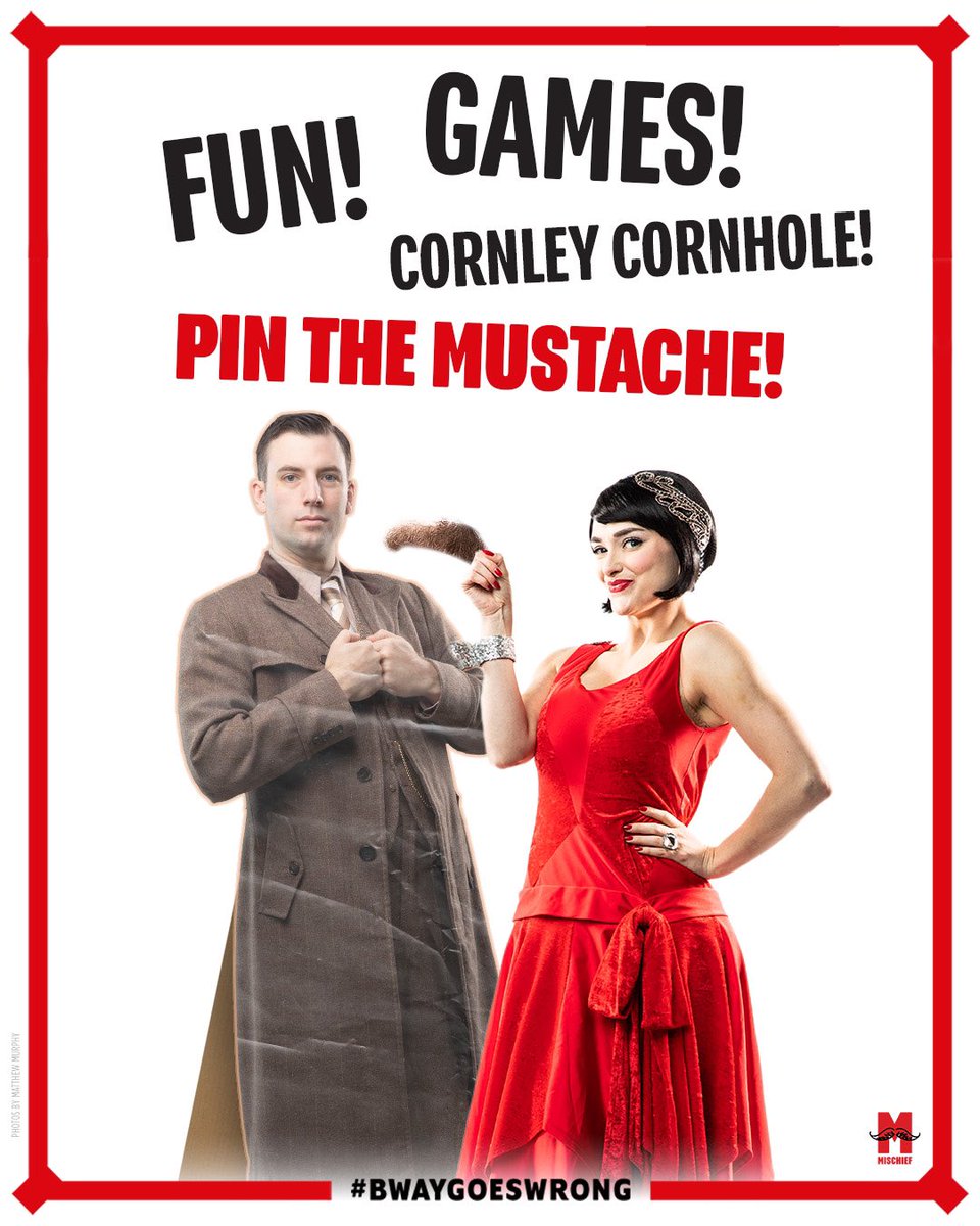 BwayGoesWrong's tweet photo. Pin the Mustache on Chris? Sign us up!
Make your spring break as WRONG as you can on April 3 with special $35 day-of tickets and some not-so-broken games in the lobby pre-show🤪 #SpringBreakSpringBroken #BwayGoesWrong https://t.co/joCq66gQgB