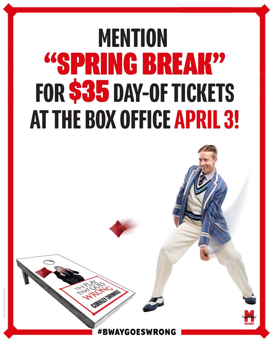 BwayGoesWrong's tweet photo. Pin the Mustache on Chris? Sign us up!
Make your spring break as WRONG as you can on April 3 with special $35 day-of tickets and some not-so-broken games in the lobby pre-show🤪 #SpringBreakSpringBroken #BwayGoesWrong https://t.co/joCq66gQgB