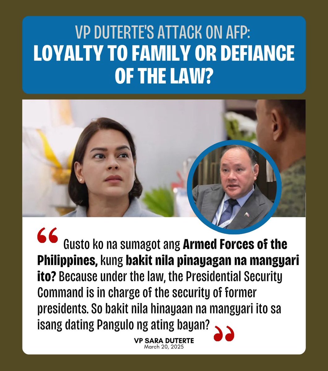 VP Duterte's attack on the AFP for not acting during her father's arrest is reckless. The military's duty is to the Constitution, not to past leaders. Her remarks risk dividing the AFP and undermining public trust — a dangerous move in these critical times.