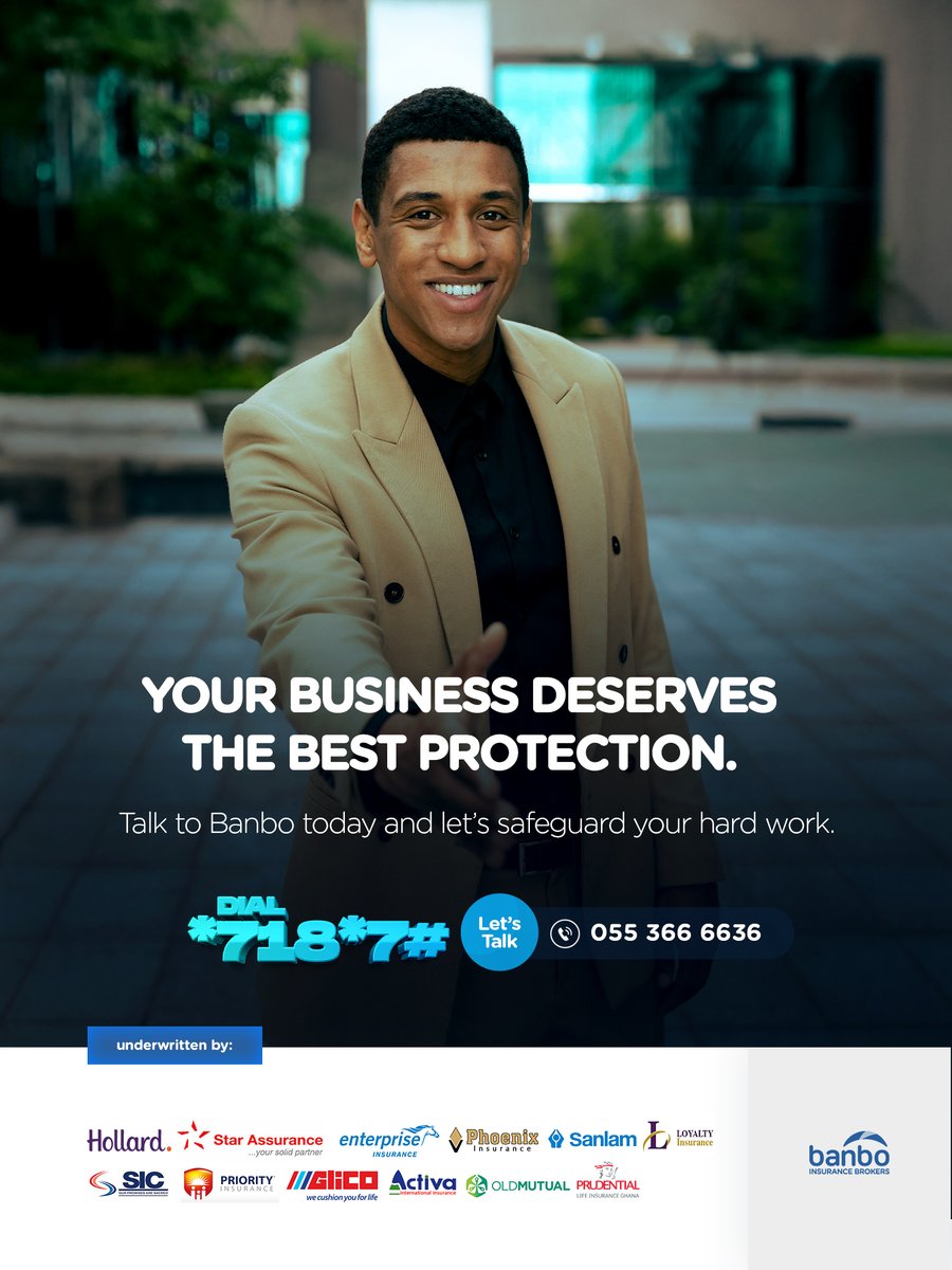 When it comes to your business insurance, trust the experts at Banbo to keep you and your hustle safe.​

#InsuranceGhana #Insurance #InsuranceBrokersGh #InsuranceBrokers #InsuranceAdvisor #InsuranceCoverage
