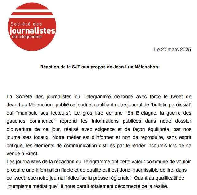 SJT Télégramme (@sjtelegramme) on Twitter photo La Société des journalistes du Télégramme réagit au tweet de <a href="/JLMelenchon/">Jean-Luc Mélenchon</a> qualifiant notre journal de "bulletin paroissial" qui "manipule ses lecteurs". La Société des journalistes du Télégramme réagit au tweet de <a href="/JLMelenchon/">Jean-Luc Mélenchon</a> qualifiant notre journal de "bulletin paroissial" qui "manipule ses lecteurs".