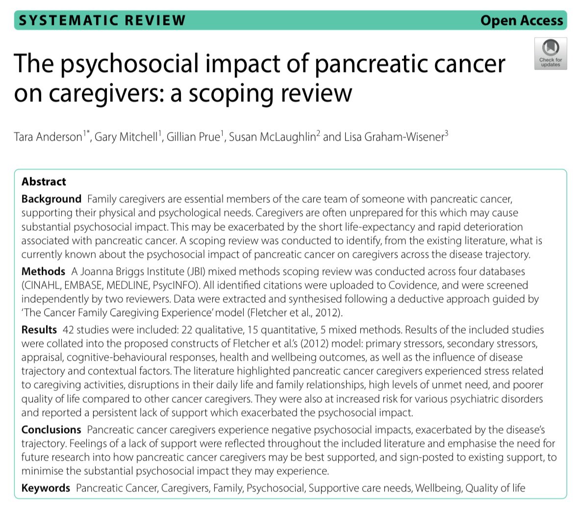 Tara Anderson (@taraand14) on Twitter photo Delighted to share the publication of this #ScopingReview of literature exploring the psychosocial impact of #PancreaticCancer on #Caregivers conducted as part of my #PhD research💜
bmccancer.biomedcentral.com/articles/10.11…
<a href="/NIPANC_/">NIPANC</a> <a href="/GaryMitchellRN/">Gary Mitchell</a> <a href="/GillianPrue/">Gillian Prue, PhD</a> <a href="/lgrahamwisener/">Dr. Lisa Graham-Wisener</a> Delighted to share the publication of this #ScopingReview of literature exploring the psychosocial impact of #PancreaticCancer on #Caregivers conducted as part of my #PhD research💜
bmccancer.biomedcentral.com/articles/10.11…
<a href="/NIPANC_/">NIPANC</a> <a href="/GaryMitchellRN/">Gary Mitchell</a> <a href="/GillianPrue/">Gillian Prue, PhD</a> <a href="/lgrahamwisener/">Dr. Lisa Graham-Wisener</a>