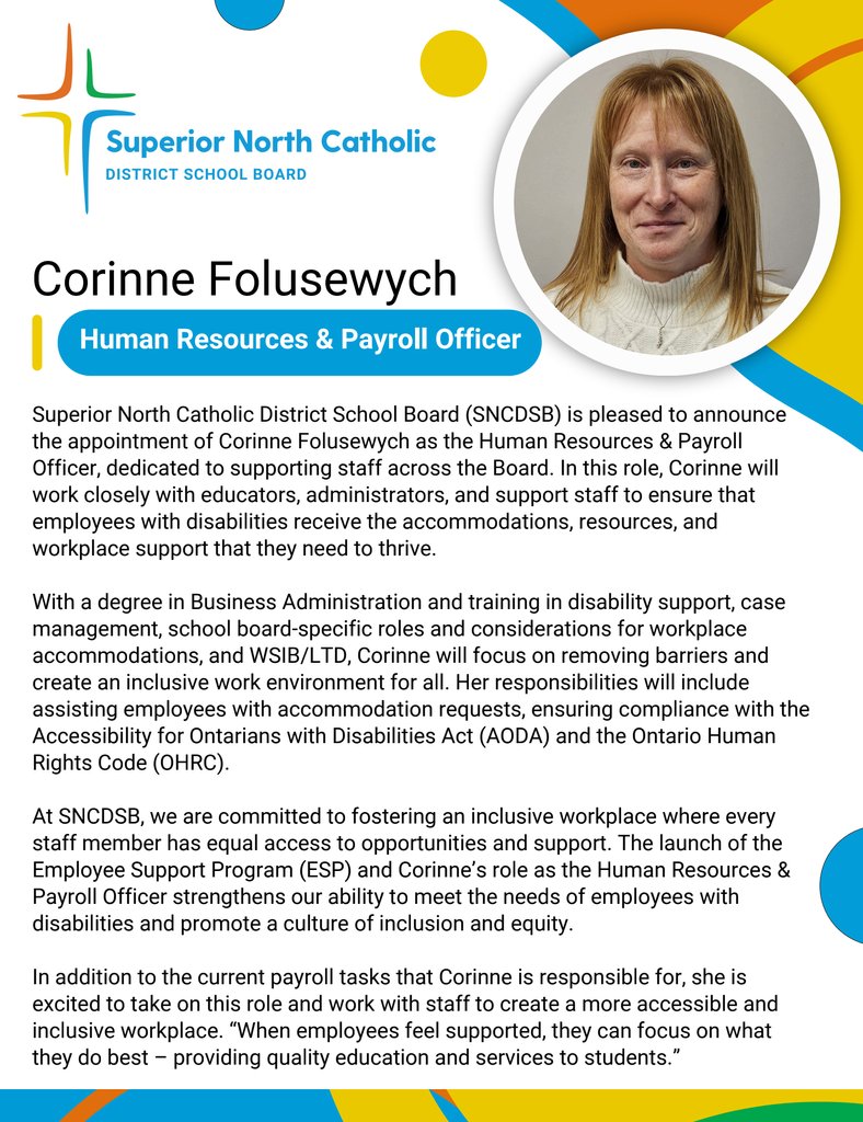 SNCDSB is pleased to announce the appointment of Corinne Folusewych as the Human Resources &amp; Payroll Officer, dedicated to supporting staff across the Board.

Find the full media release at sncdsb.on.ca/news/what_s_ne…