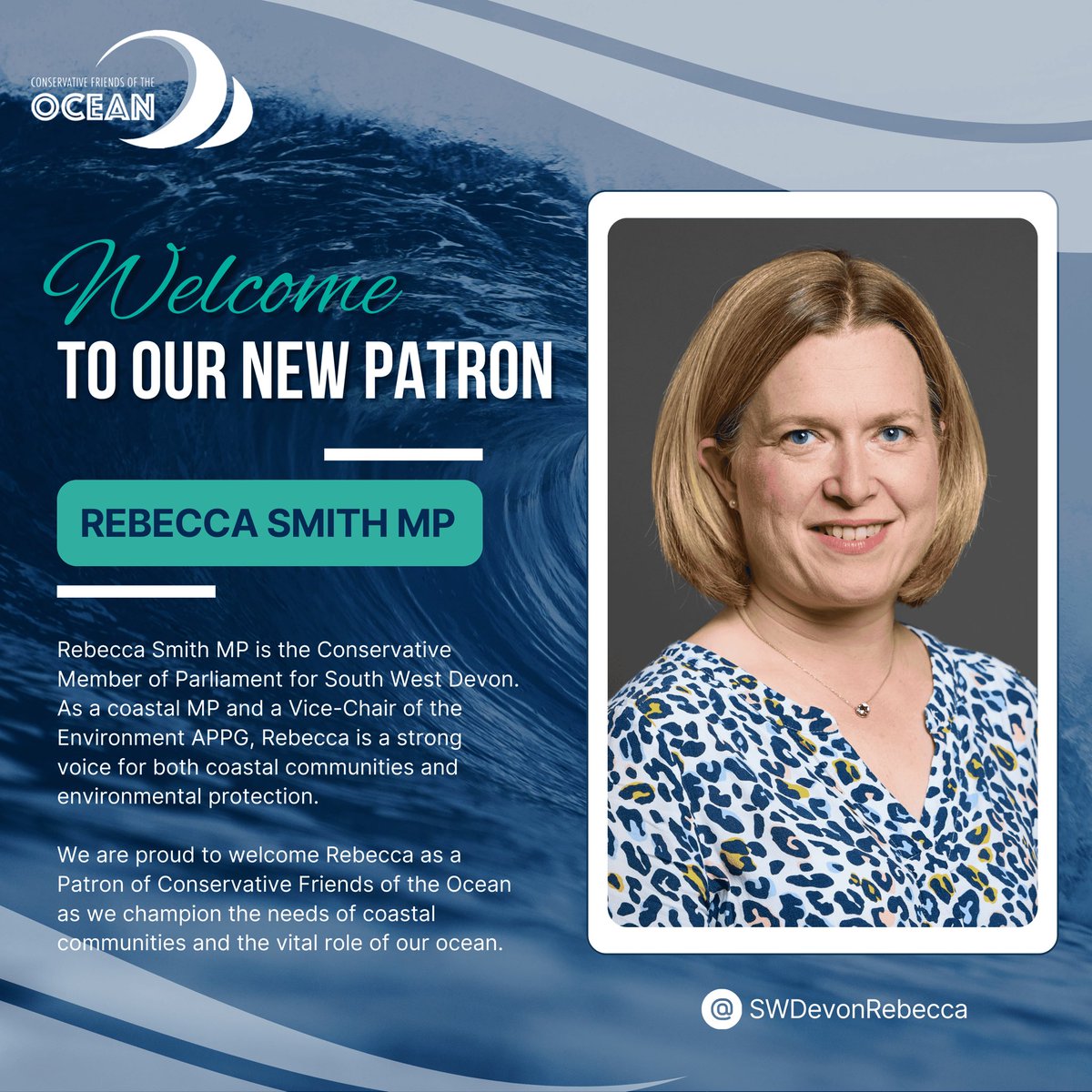 Conservative Friends Of The Ocean (@cfotocean) on Twitter photo ๐จ Exciting Announcement! ๐จ
Weโre delighted to welcome <a href="/SWDevonRebecca/">Rebecca Smith MP</a> as a Patron of Conservative Friends of the Ocean! ๐
As a coastal MP and a Vice-Chair of the <a href="/EnvironmentAPPG/">All-Party Parliamentary Group on the Environment</a>, Rebecca is a strong voice for coastal communities and protecting our ocean ๐ ๐จ Exciting Announcement! ๐จ
Weโre delighted to welcome <a href="/SWDevonRebecca/">Rebecca Smith MP</a> as a Patron of Conservative Friends of the Ocean! ๐
As a coastal MP and a Vice-Chair of the <a href="/EnvironmentAPPG/">All-Party Parliamentary Group on the Environment</a>, Rebecca is a strong voice for coastal communities and protecting our ocean ๐