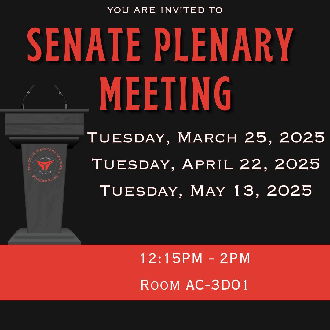 YorkCollegeCUNY's tweet photo. It is that time again! Senate Plenary Meeting is taking place on several different dates.
Tuesday, March 25th
Tuesday, April 22
Tuesday, May 13th https://t.co/lSZJbmhspX